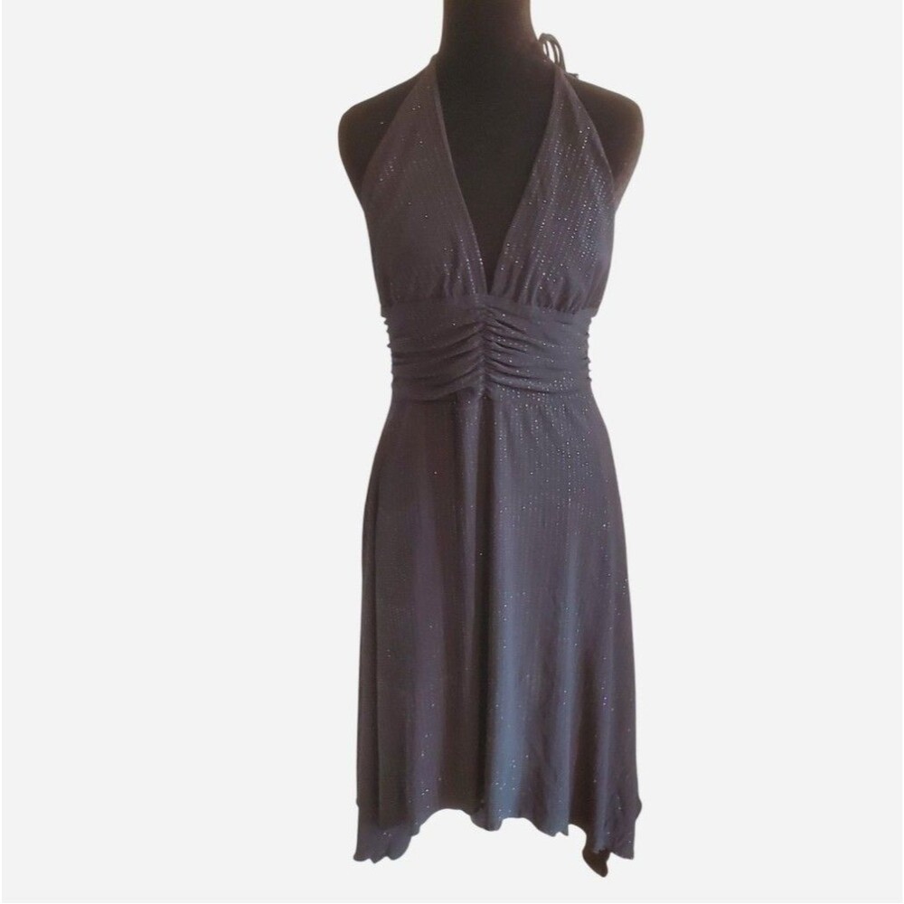 Vintage Kiki Black Halter Asymmetric Glitter Dress Y2K Whimsigoth Party Size L